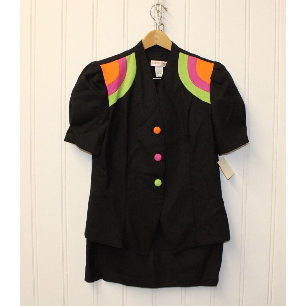 Vintage 80's Colorblock Statement Blazer Skirt Suit Rainbow Shoulder‎ Size 14